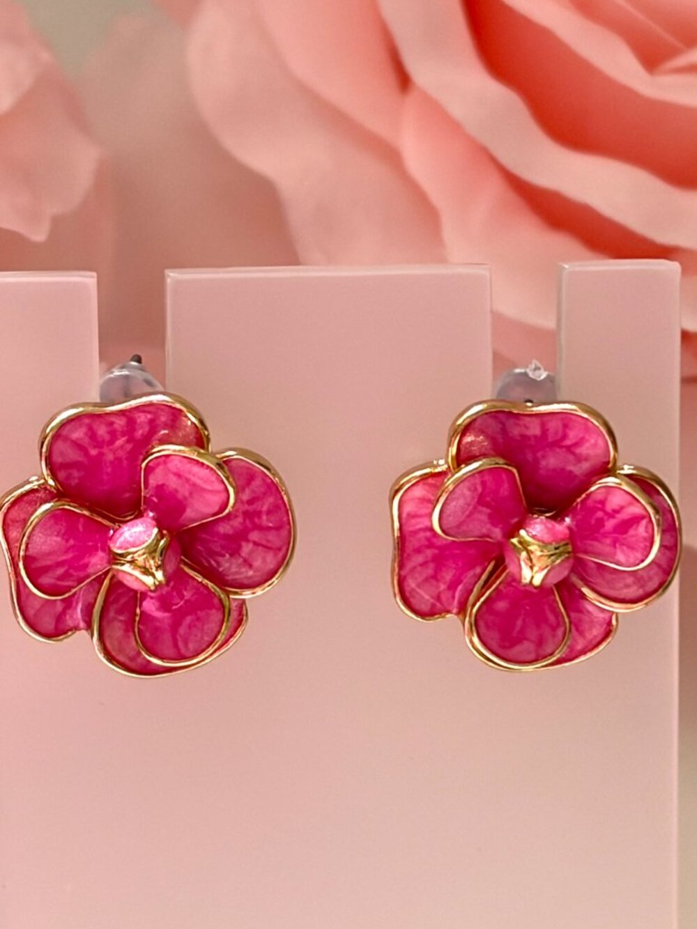 Hot Pink Enamel Flower Stud Earrings Gold Tone Floral Statement Earrings